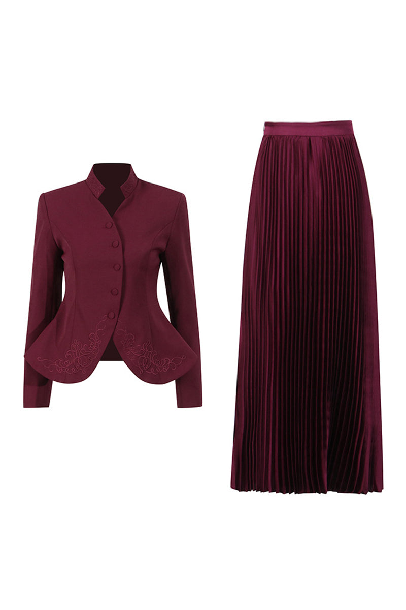 Buttoned Blazer and Pleated Skirt Set