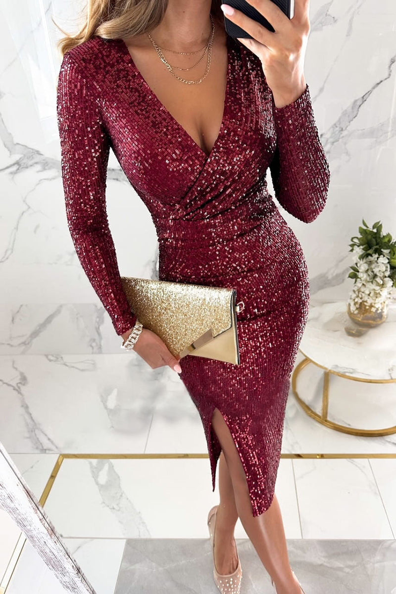 Sequin Wrap Midi Dress with Side Slit