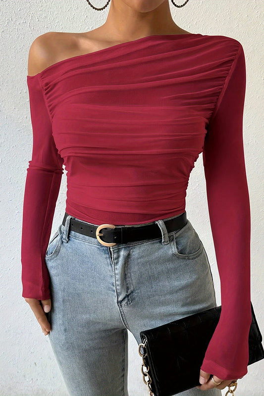 One-Shoulder Ruched Long Sleeve Top