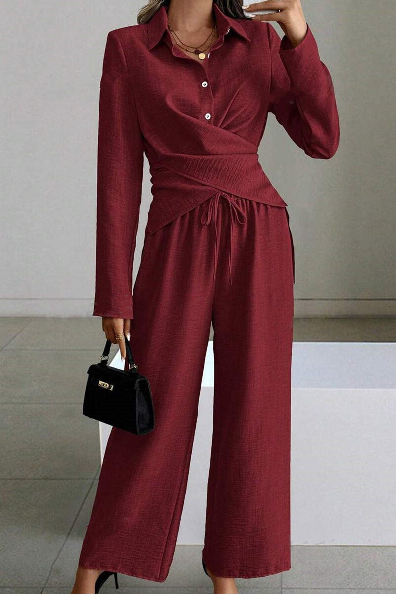 Collared Wrap-Effect Blouse and Pants Set