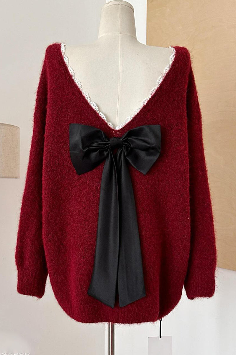 V-Neck Knit Sweater with Bow Detail