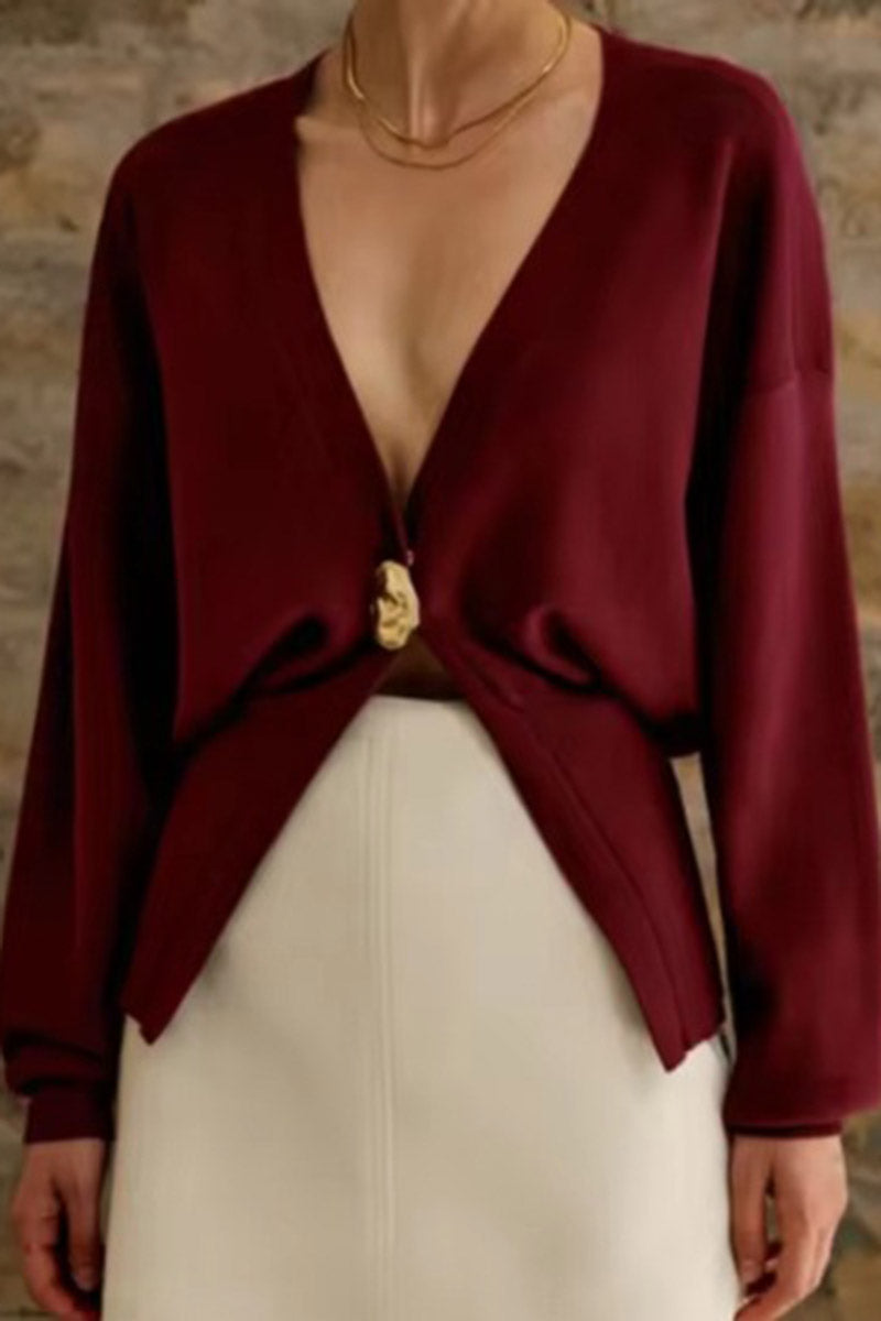 Single-Buckle Deep V-Neck Cardigan