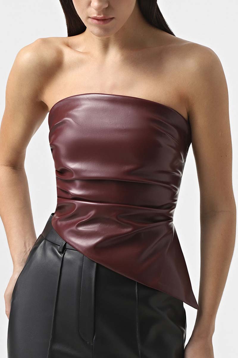 Asymmetrical Faux-Leather Strapless Top