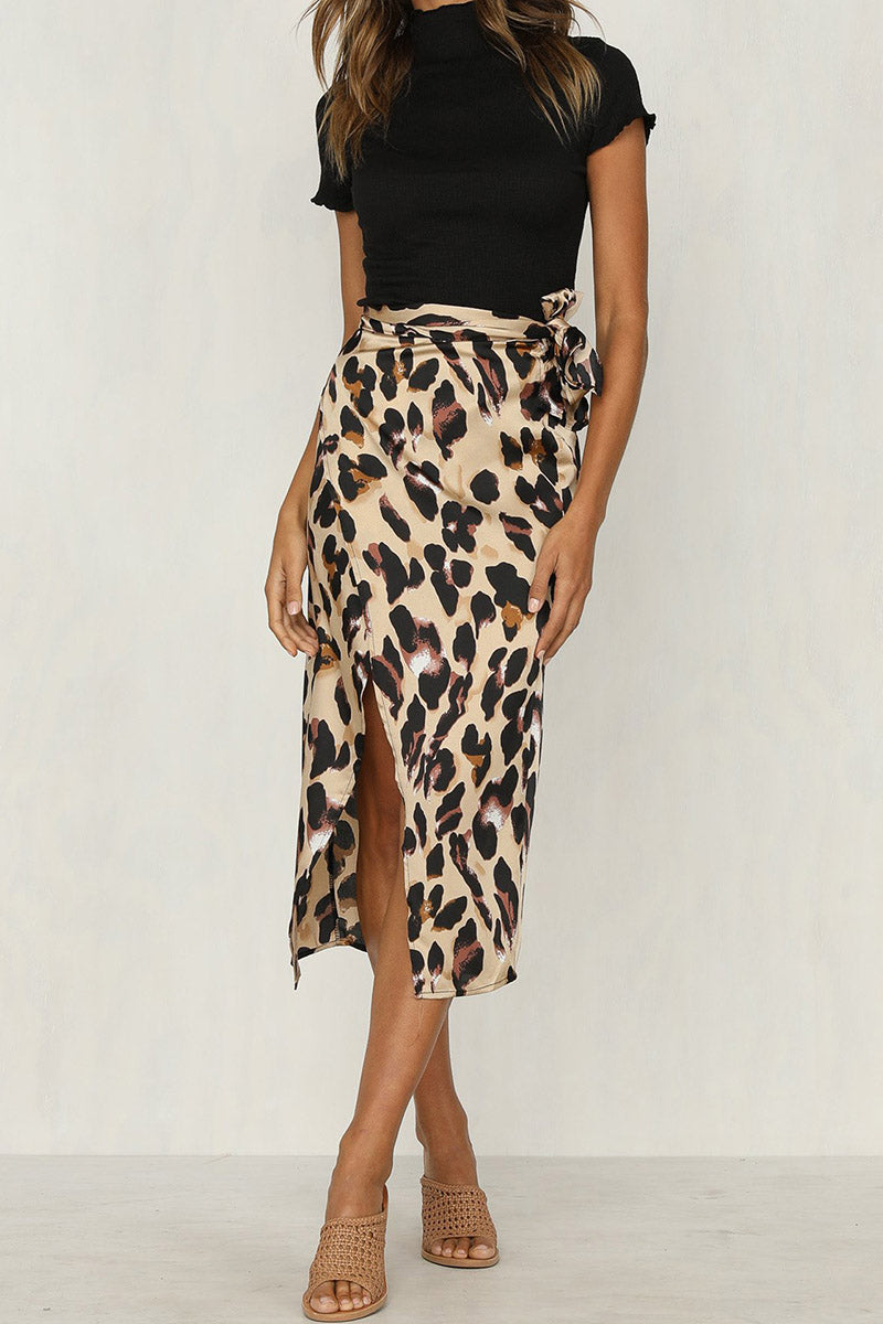 Leopard Wrap Slip Midi Skirt